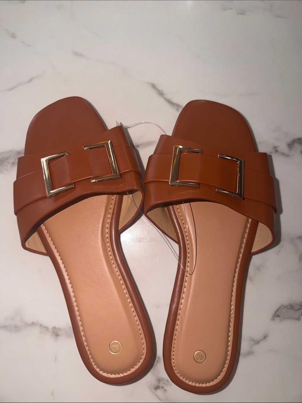 Women's Brown Slide Mules with Gold Buckle